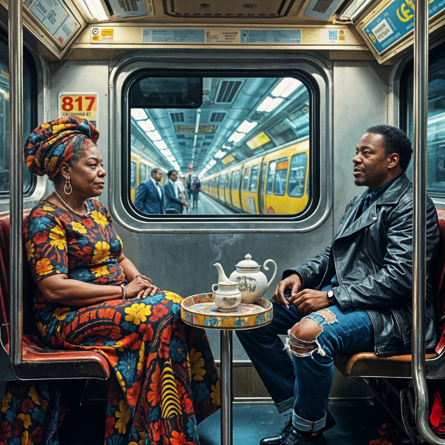 Maya Angelou has strong words with her nephew as they take weak tea together in the Subway in New York...