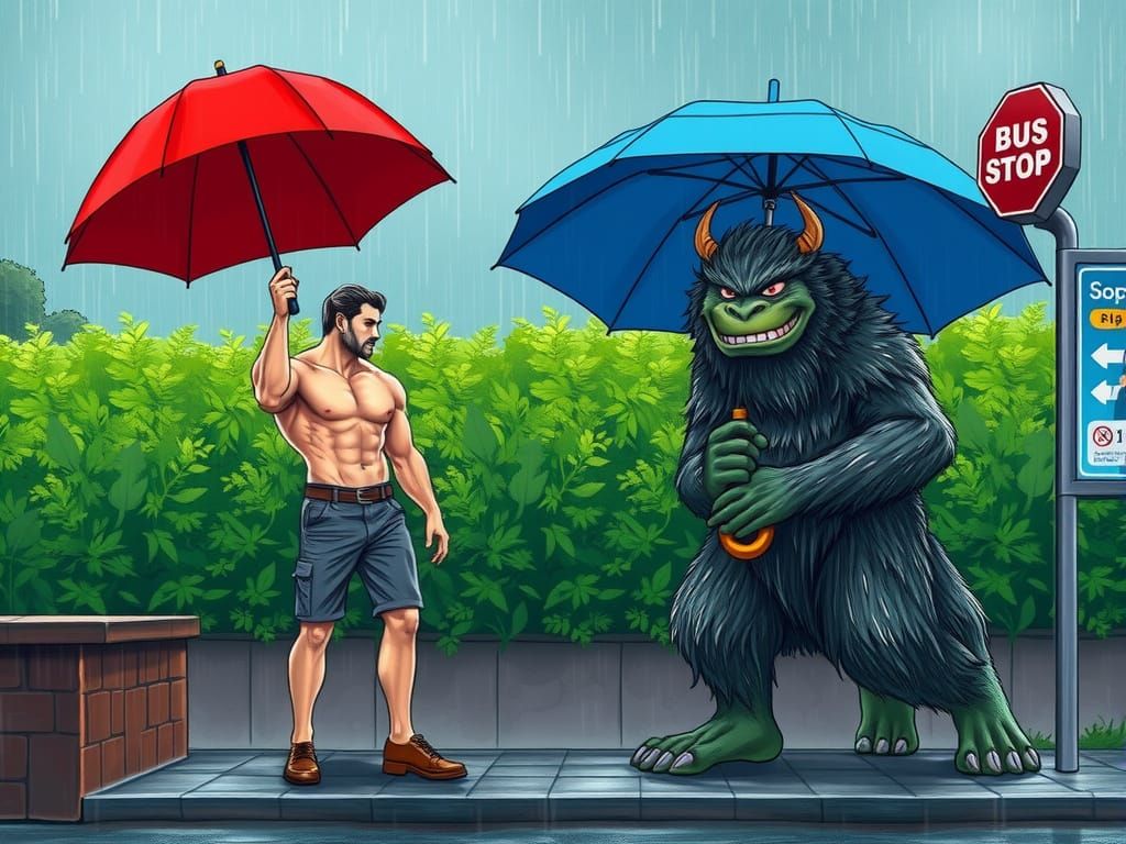 Muscular Man and Furry Monster Brave Rainy Day in Fantasy Wo...