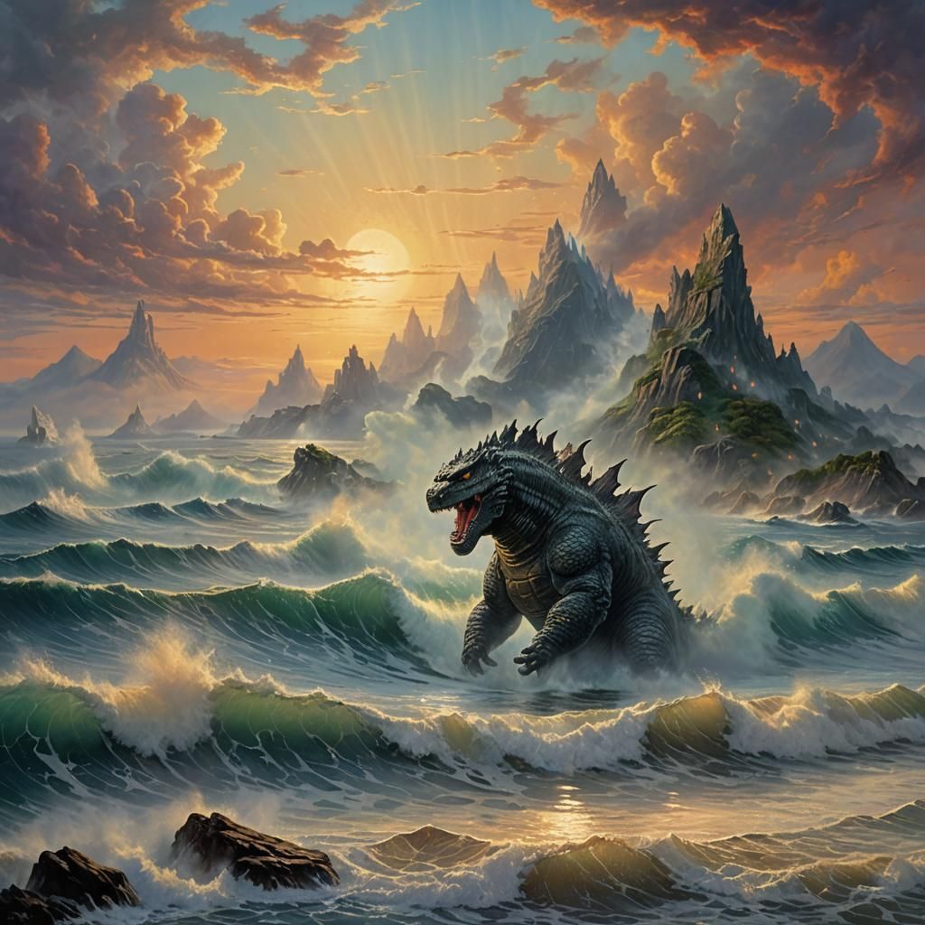Godzilla Enters Ocean at Sunset: Ethereal Fantasy