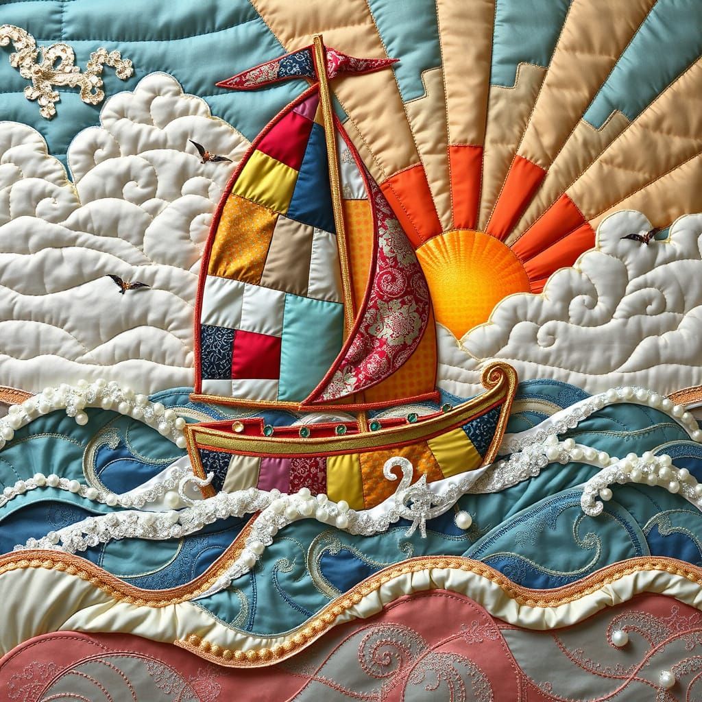 Quilted Sailboat Embroiders Sunset Sea