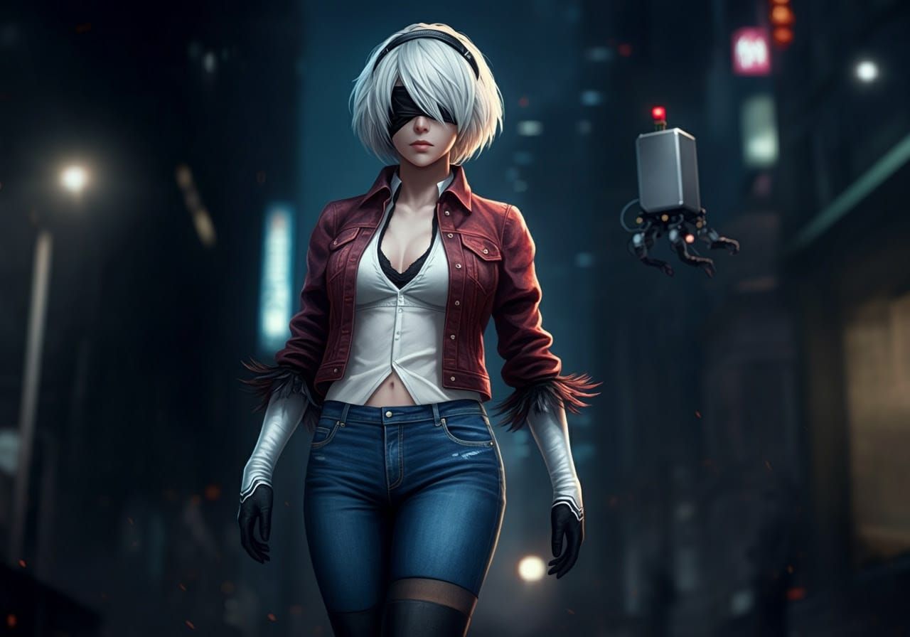 2B in Denim Attire, Walking through City at Night