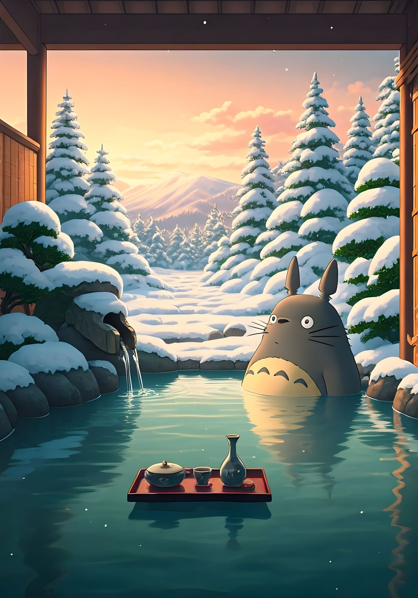 Totoro in Serene Japanese Hot Spring Scene at Sunset