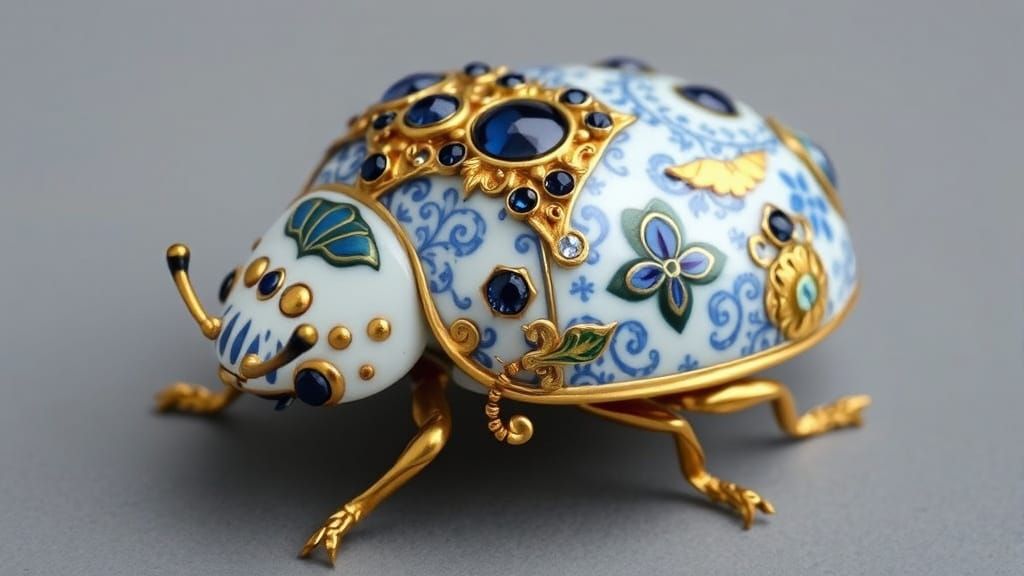 Delicate Ladybug in Fabergé Style with Intricate Lace and Je...