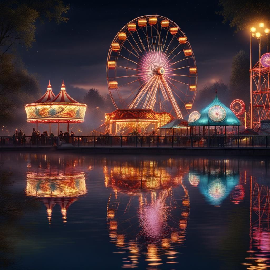 Night Fairground Lights Reflected in Lake