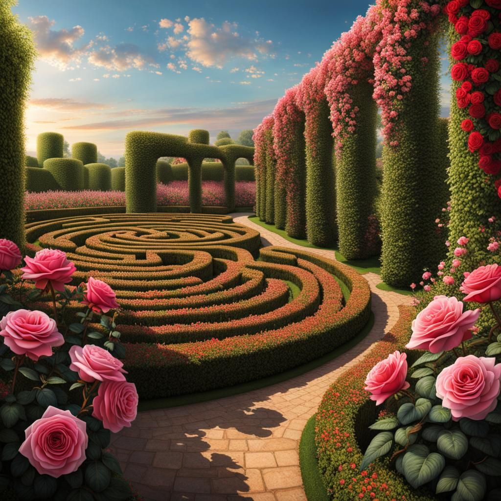 Detailed Rose Bush Maze in Waterhouse Style