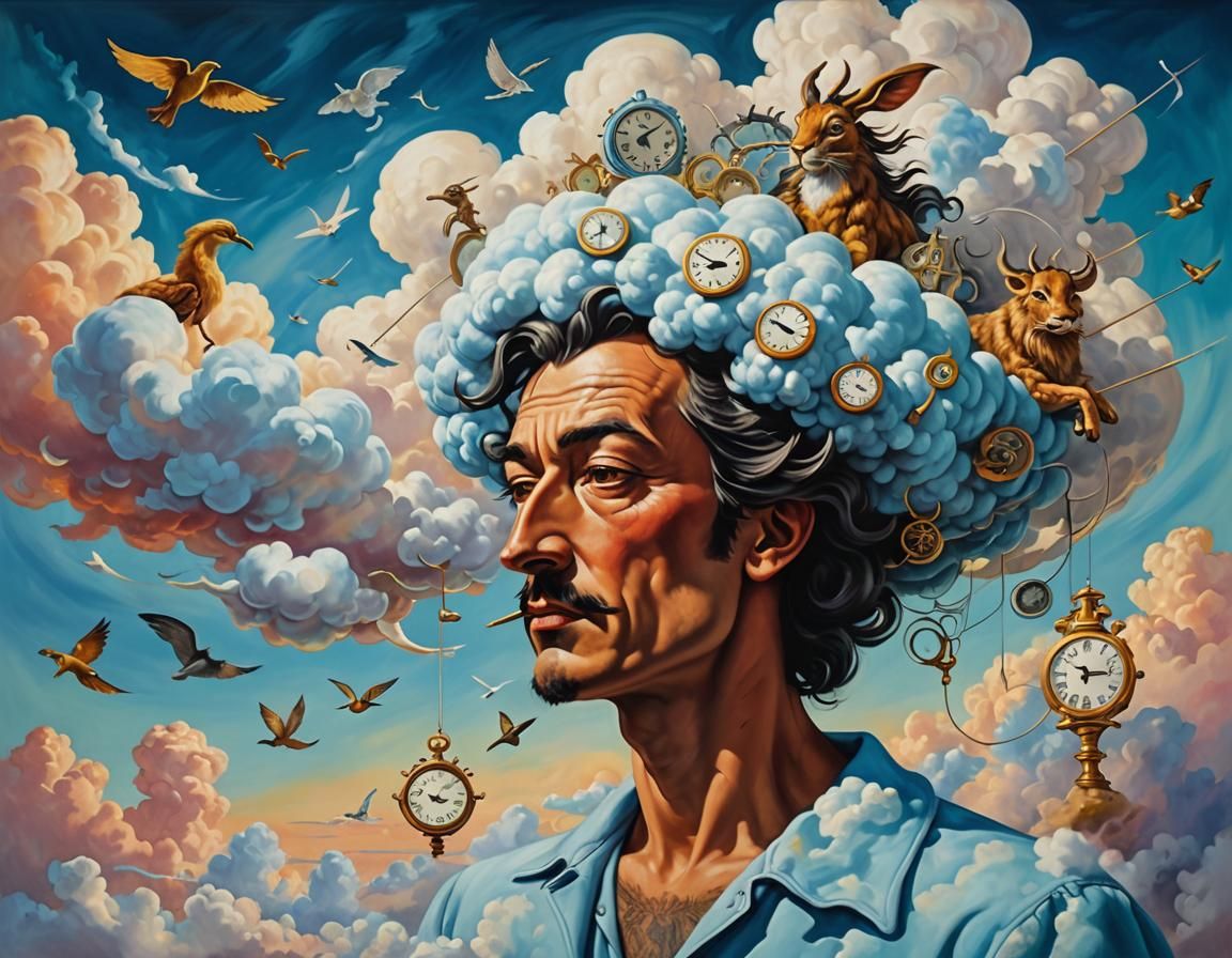 Cloud Sculptor Shapes Sky in Surrealist Oil Painting