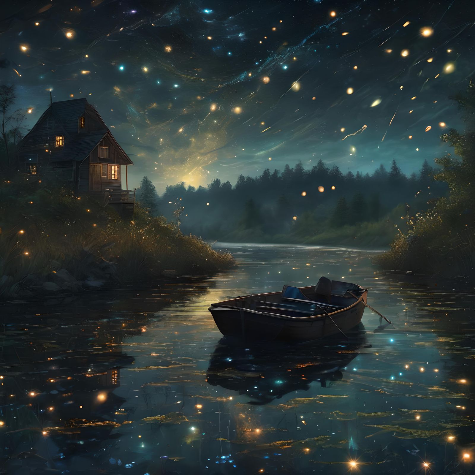 Fireflies at Midnight River: Holographic Cosmic Illustration