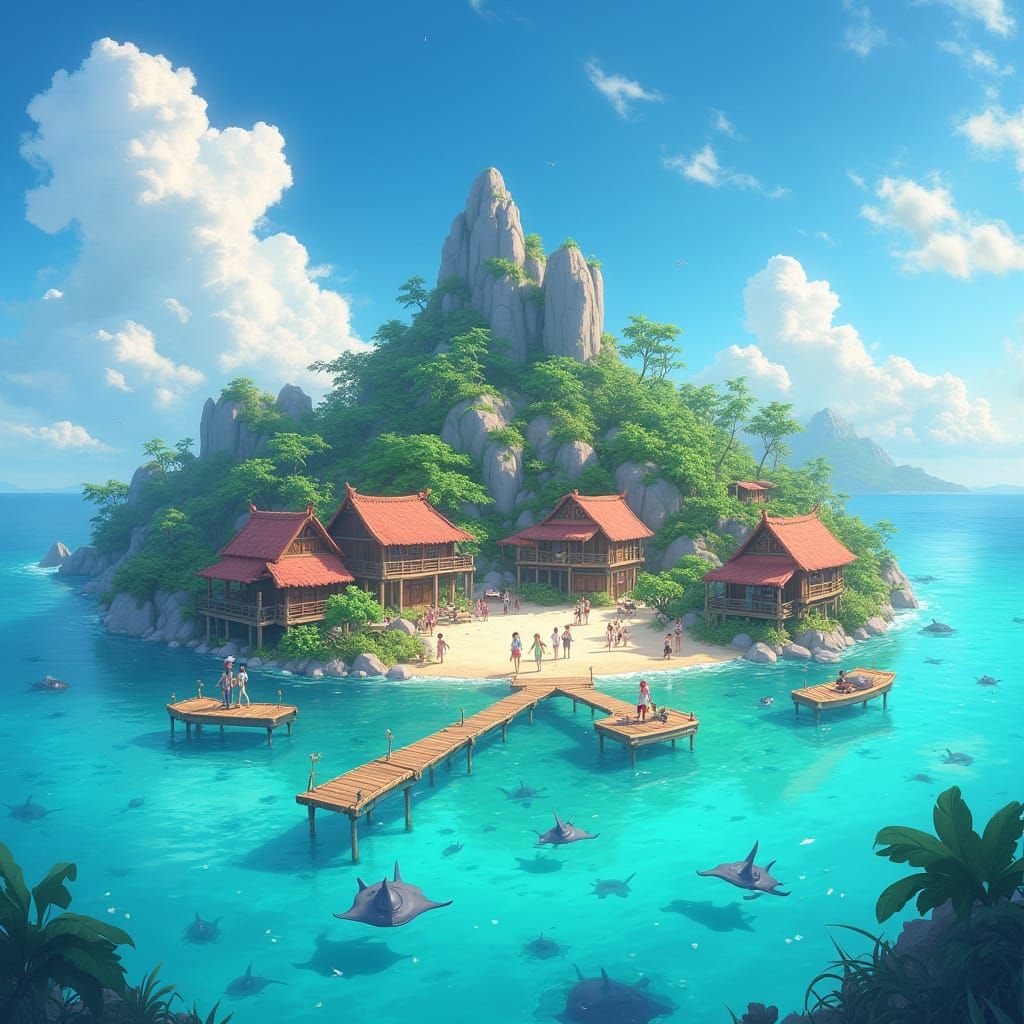 Village Over Turquoise Water in 3D Anime Style