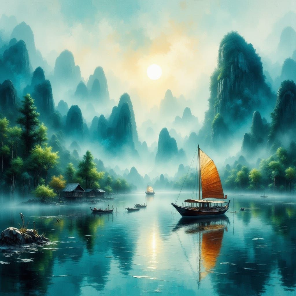 Misty Ha Long Bay Panorama as Impressionist Painting