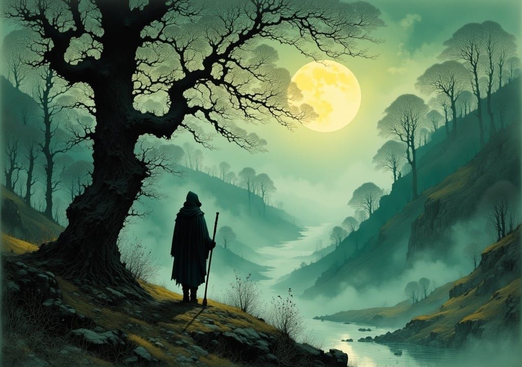 Moonlit Hiker in Dreamy River Valley Landscape