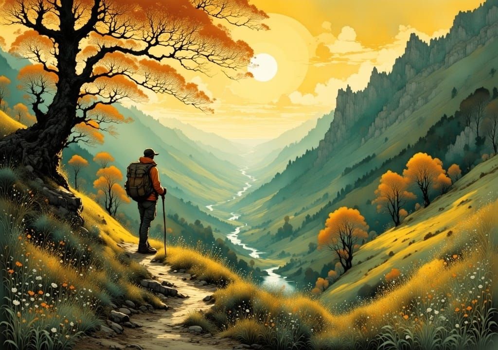 Serene River Valley Landscape in Earthy Tones