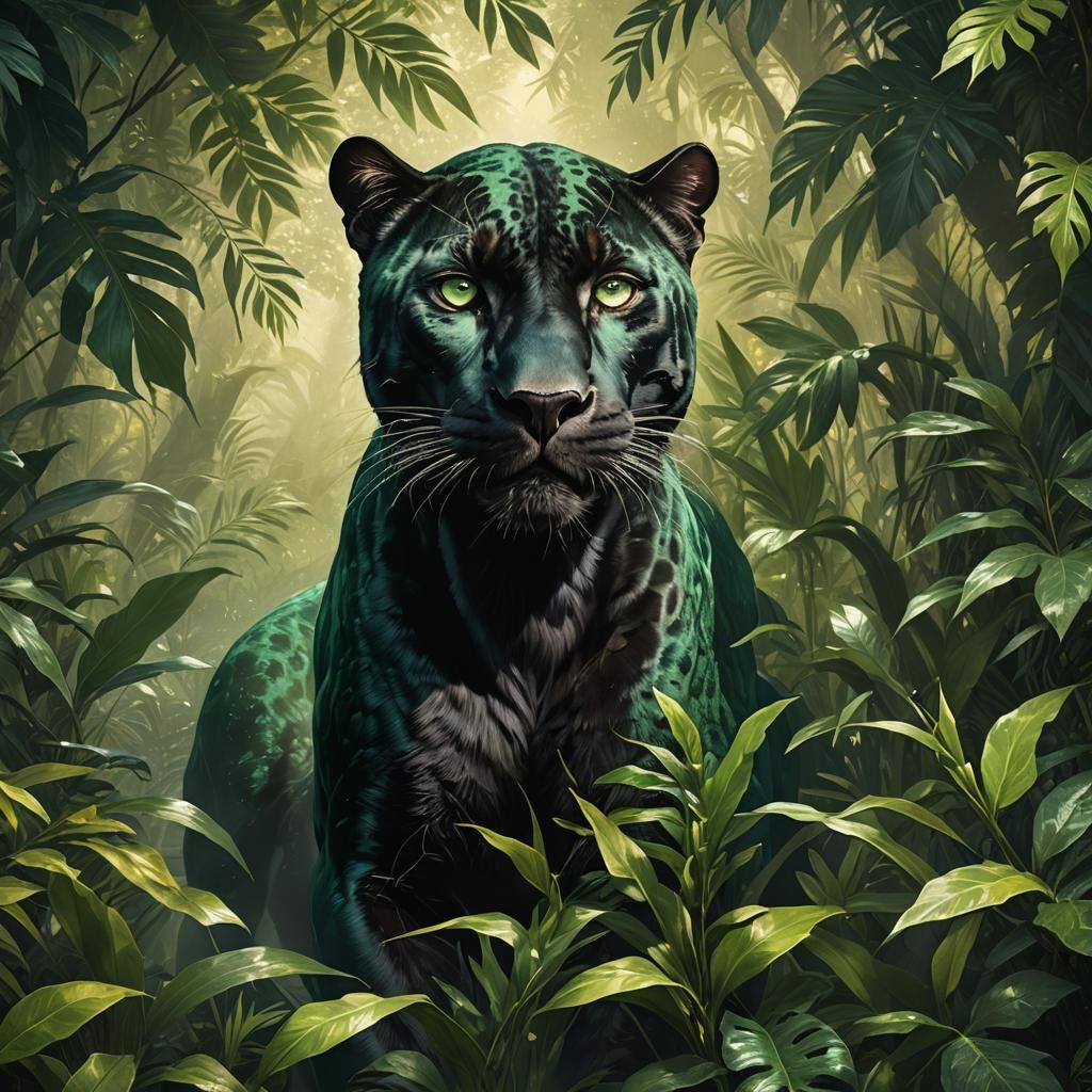 Majestic Green-Eyed Panther in Lush Jungle