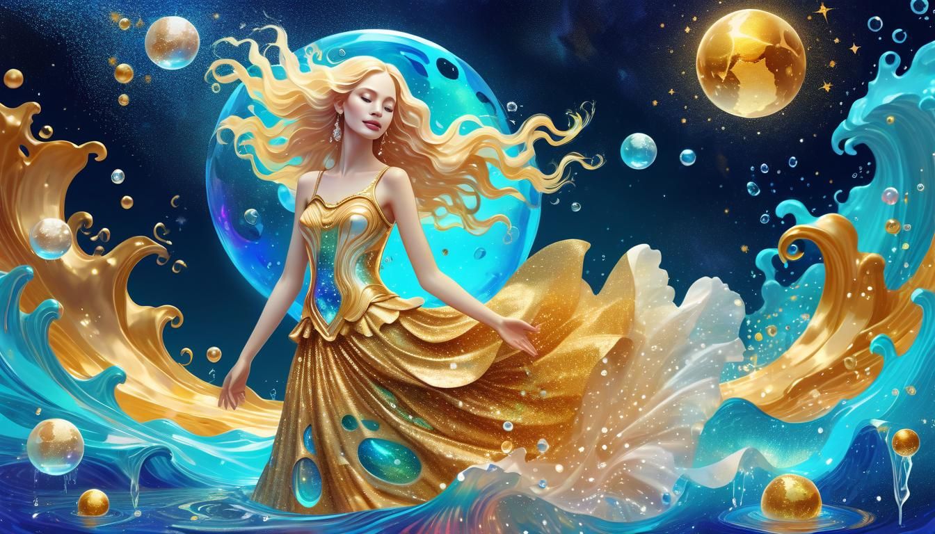Astral Woman in Water Dress: Cosmic Illustration