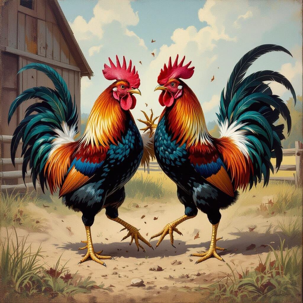 Fighting Roosters in a Classical Wildlife Art Style