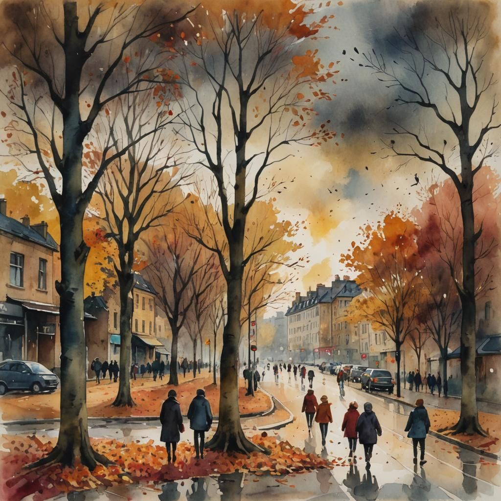 Expressionist Watercolour Autumn Cityscape with Moody Sky