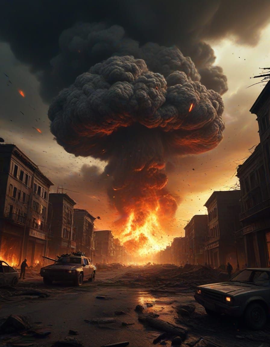 Dystopian War Zone in Ruin, Explosions and Aerial Bombardmen...