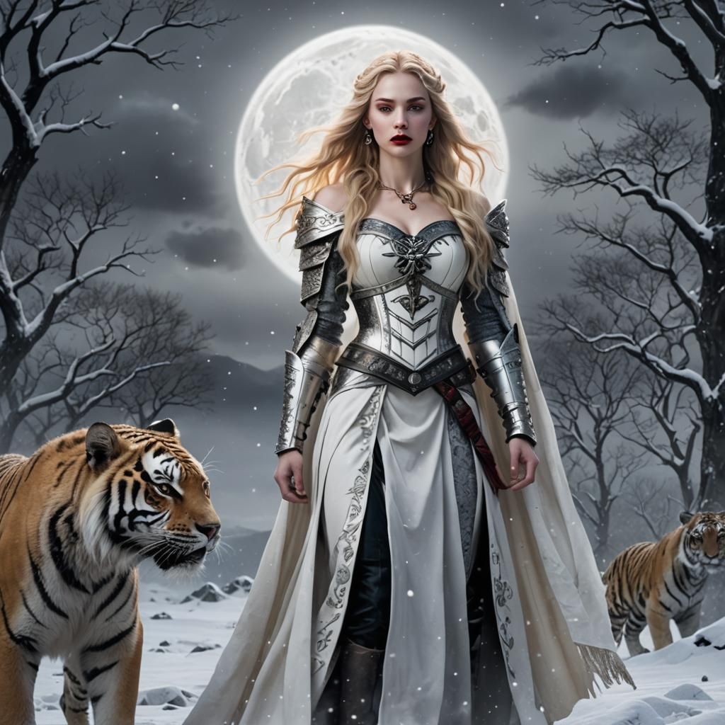 Goddess with Tiger in Snowy Aurora Landscape