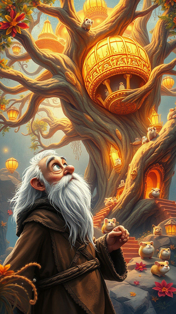 Bewildered Man and Hamster Treehouse: 3D Cartoon