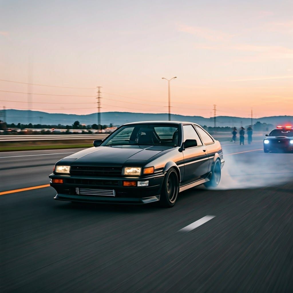 Toyota AE86 Burnout on Highway in Documentary Style