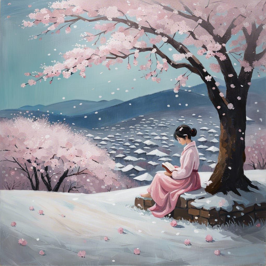 Japanese Girl Reading Under Cherry Blossom Tree as Impasto P...