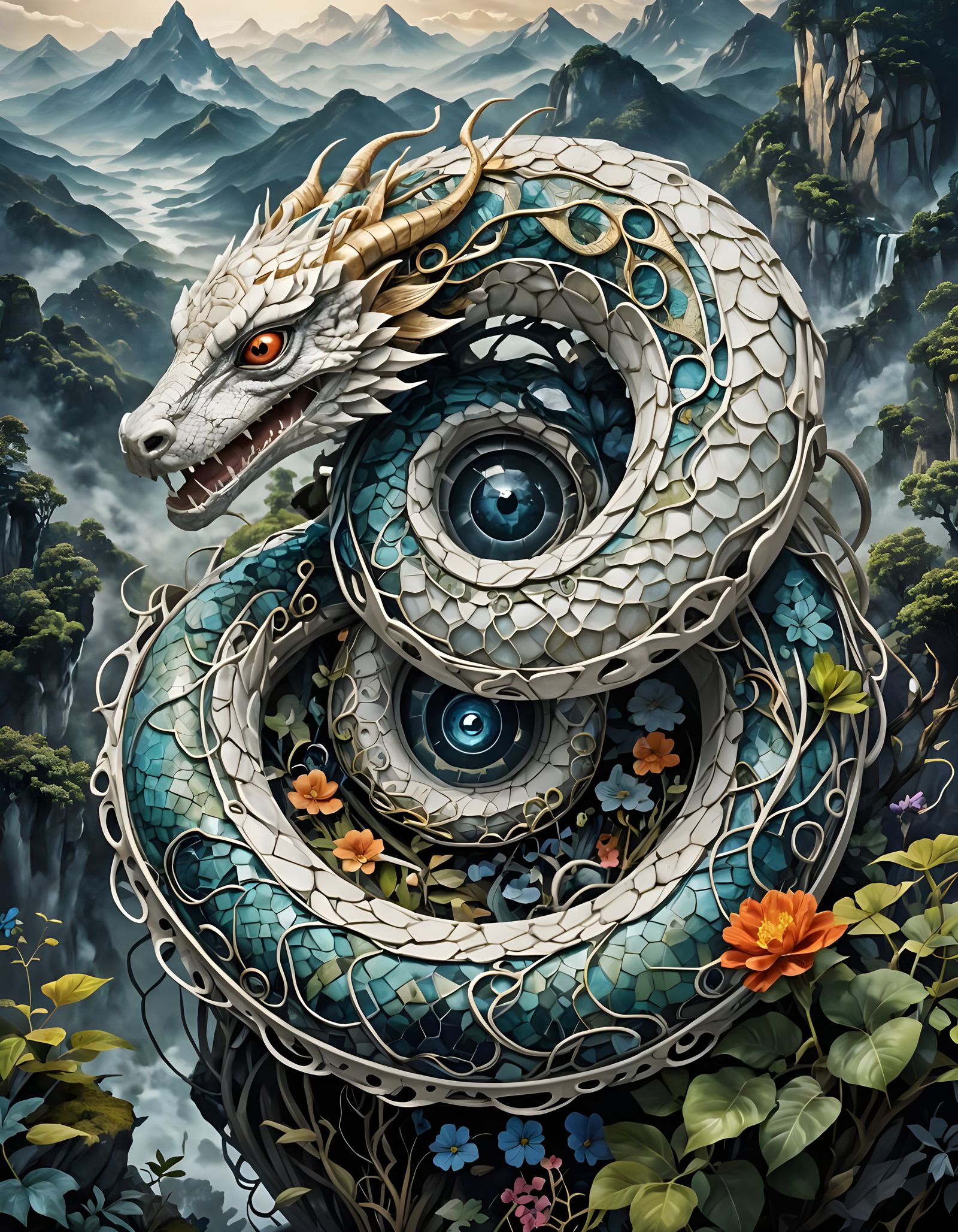 Ouroboros Serpent in Dreamlike Landscape