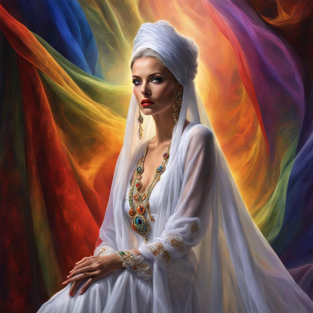 Rainbow Lady in Flowing Gown: Detailed Digital Painting