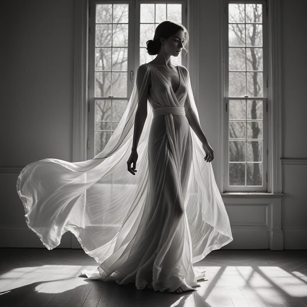 Elegant Black-and-White Portrait of a Woman in Sheer Fabric