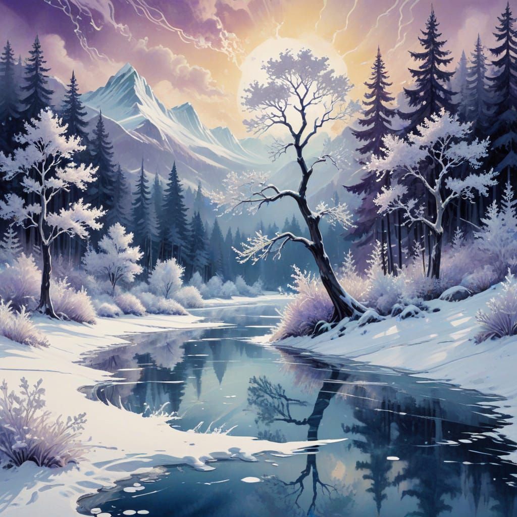 Surreal Winter Dreamscape in Intricate Ink Style