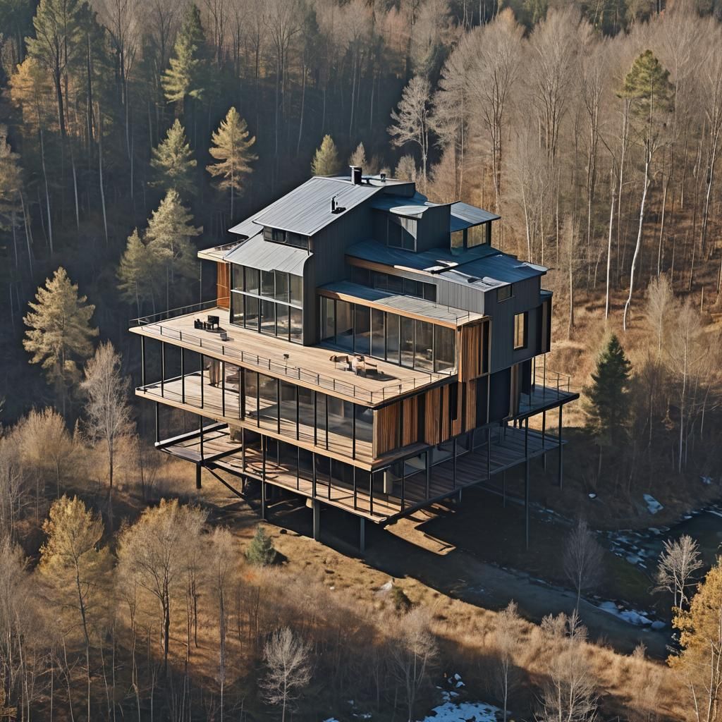 Avant-Garde House with Floating Wood Volumes