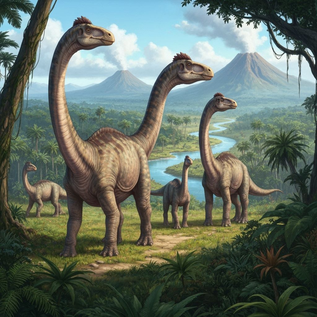 Brontosaurus Family in Prehistoric Jungle, Digital Painting