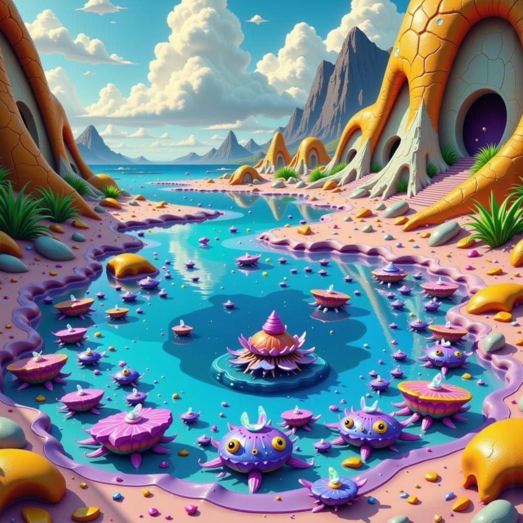 Alien Aquatic Life on Purple Sands in Digital Art Style