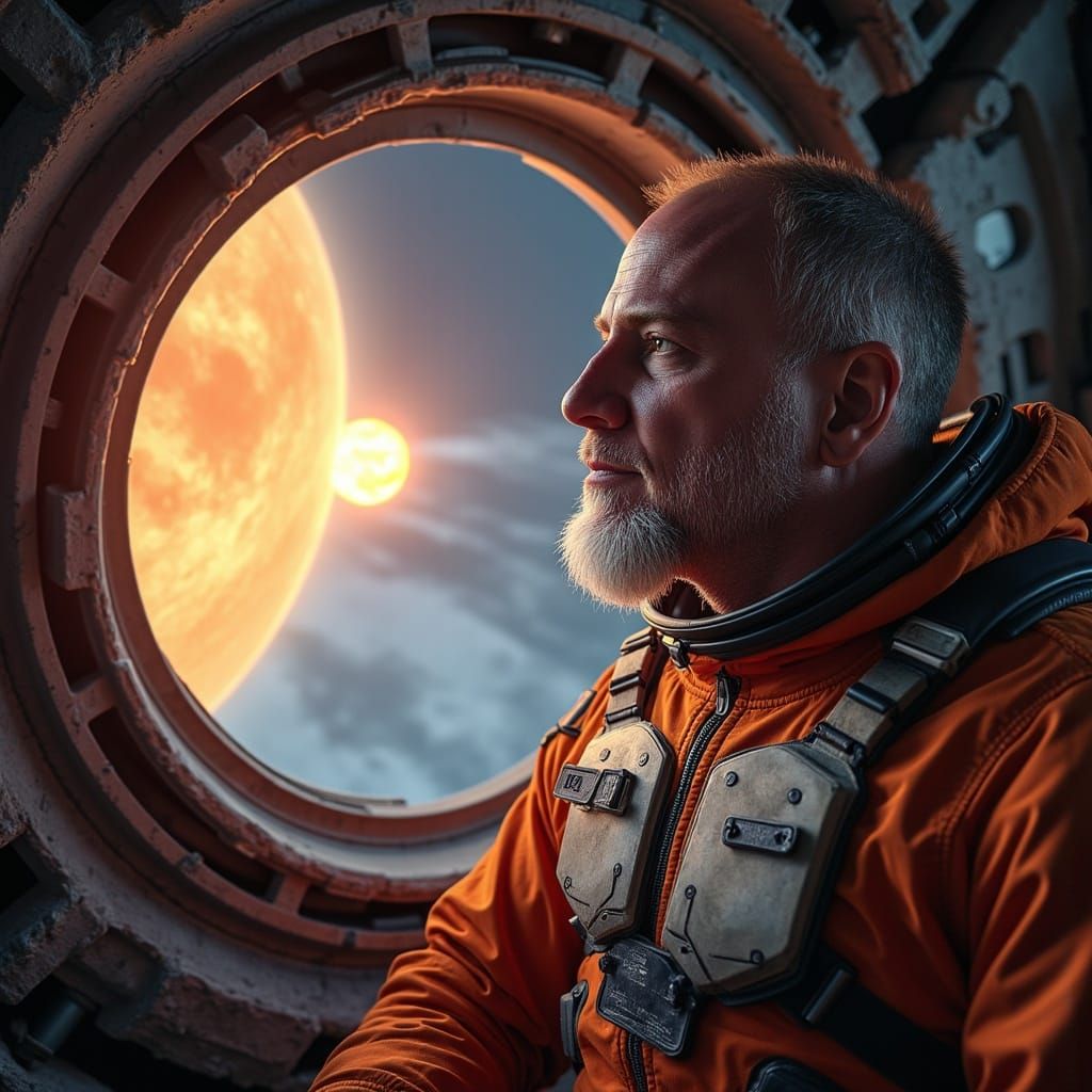 Weathered Astronaut Contemplates Binary Star System in Futur...