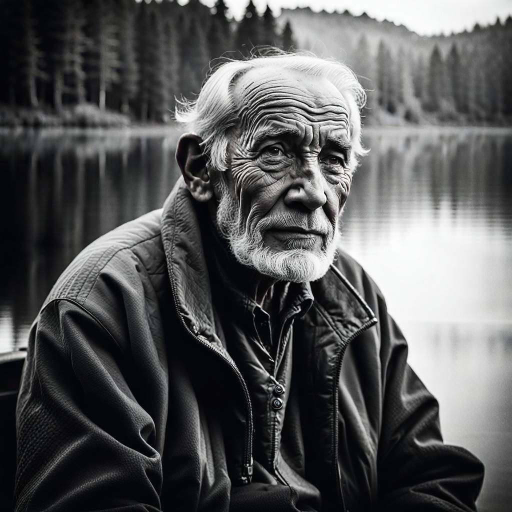 Intimate Portrait of Old Man by Lake