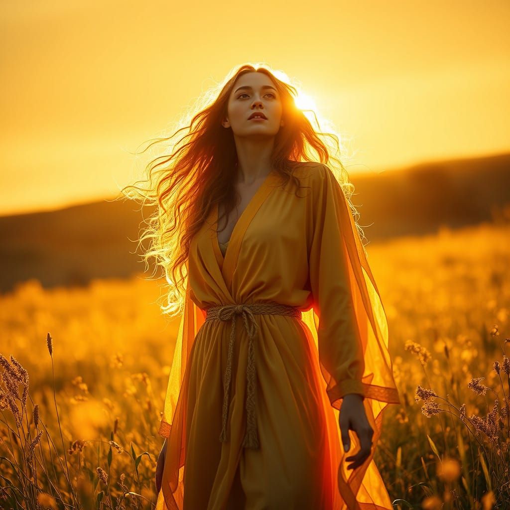 Ethereal Goddess Radiates Golden Glory in Sunlit Meadow
