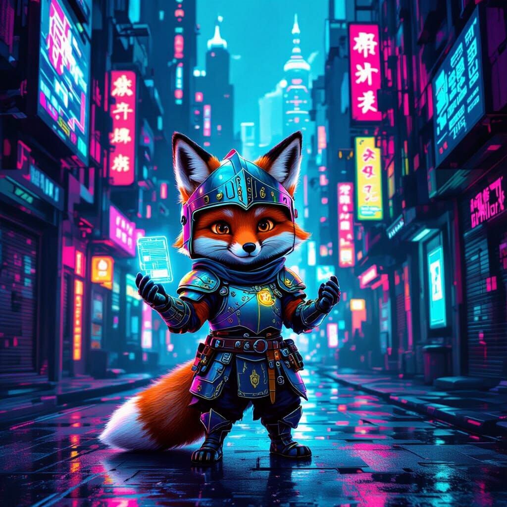 Cyberpunk Fox Knight with Glowing Data Chip in Neon Alley