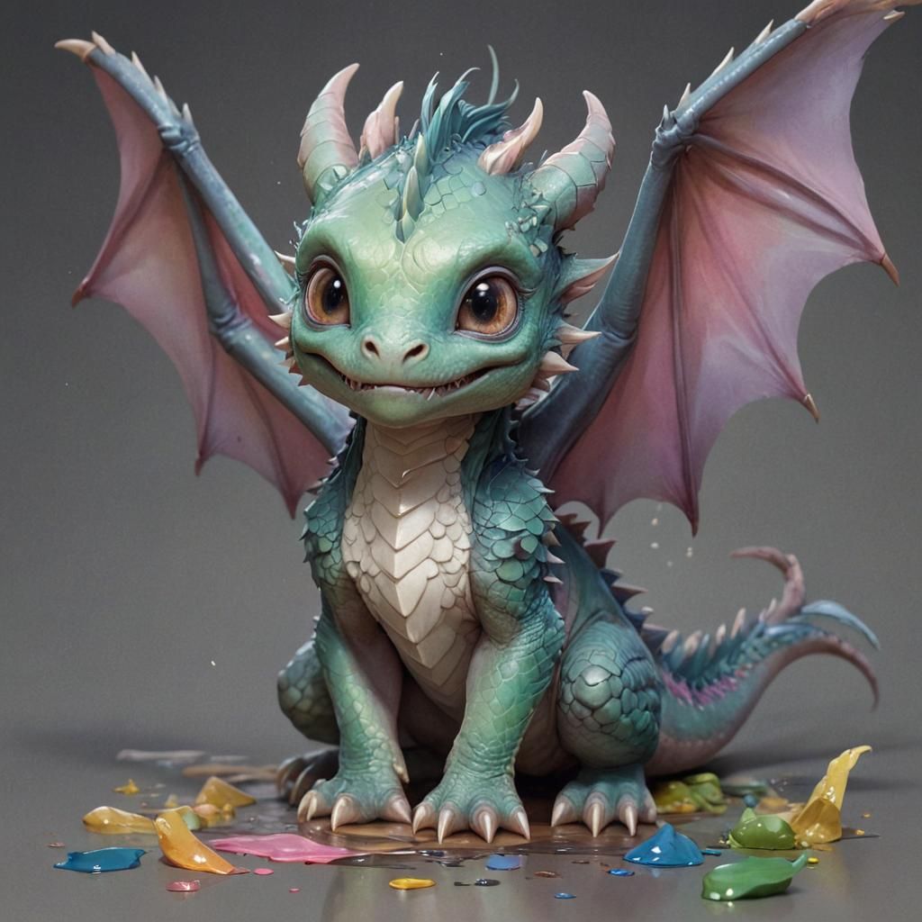 Chibi Dragon Watercolor Fantasy Art in Pastel Colors