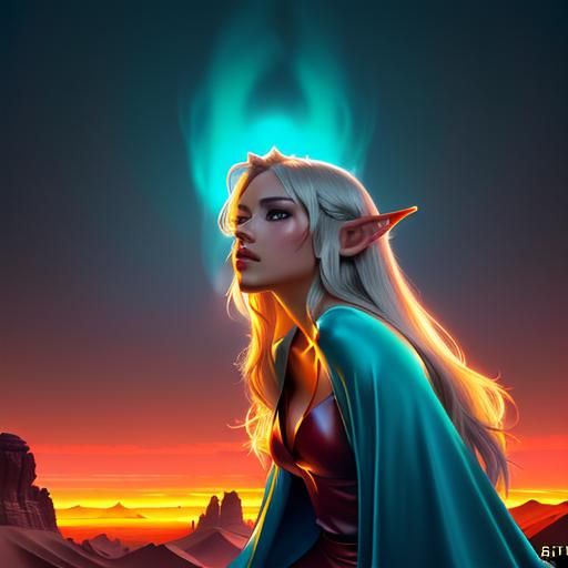 Half-Elf Druid in Red Desert, Anime Art