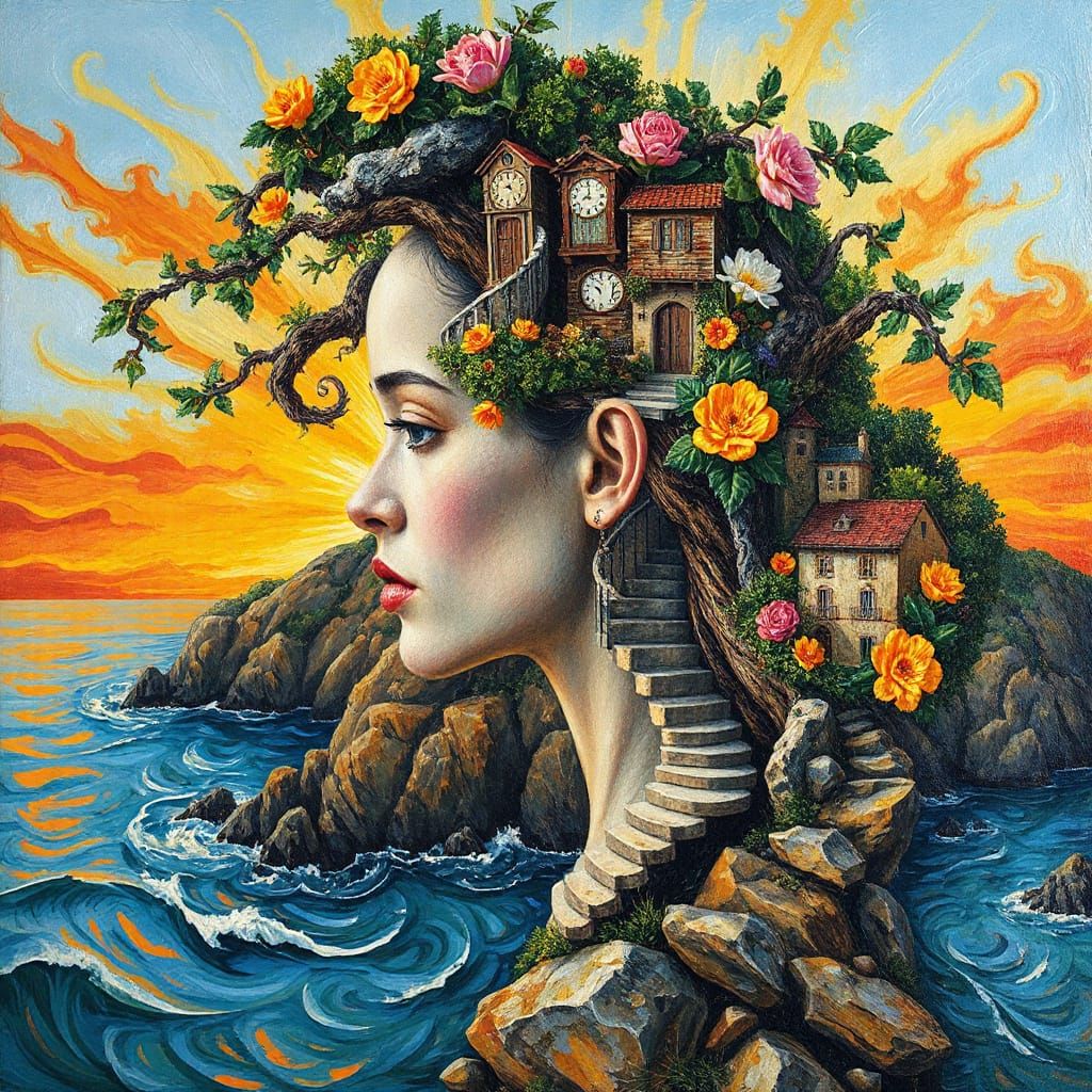 Mystical Woman with Cottages, Surreal Impasto Painting