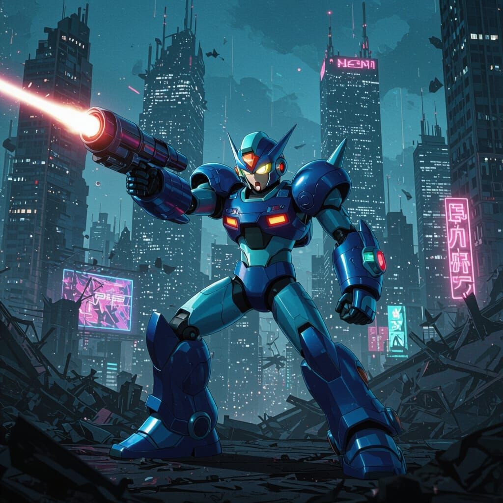 Megaman X in Dystopian Cyberpunk Cityscape