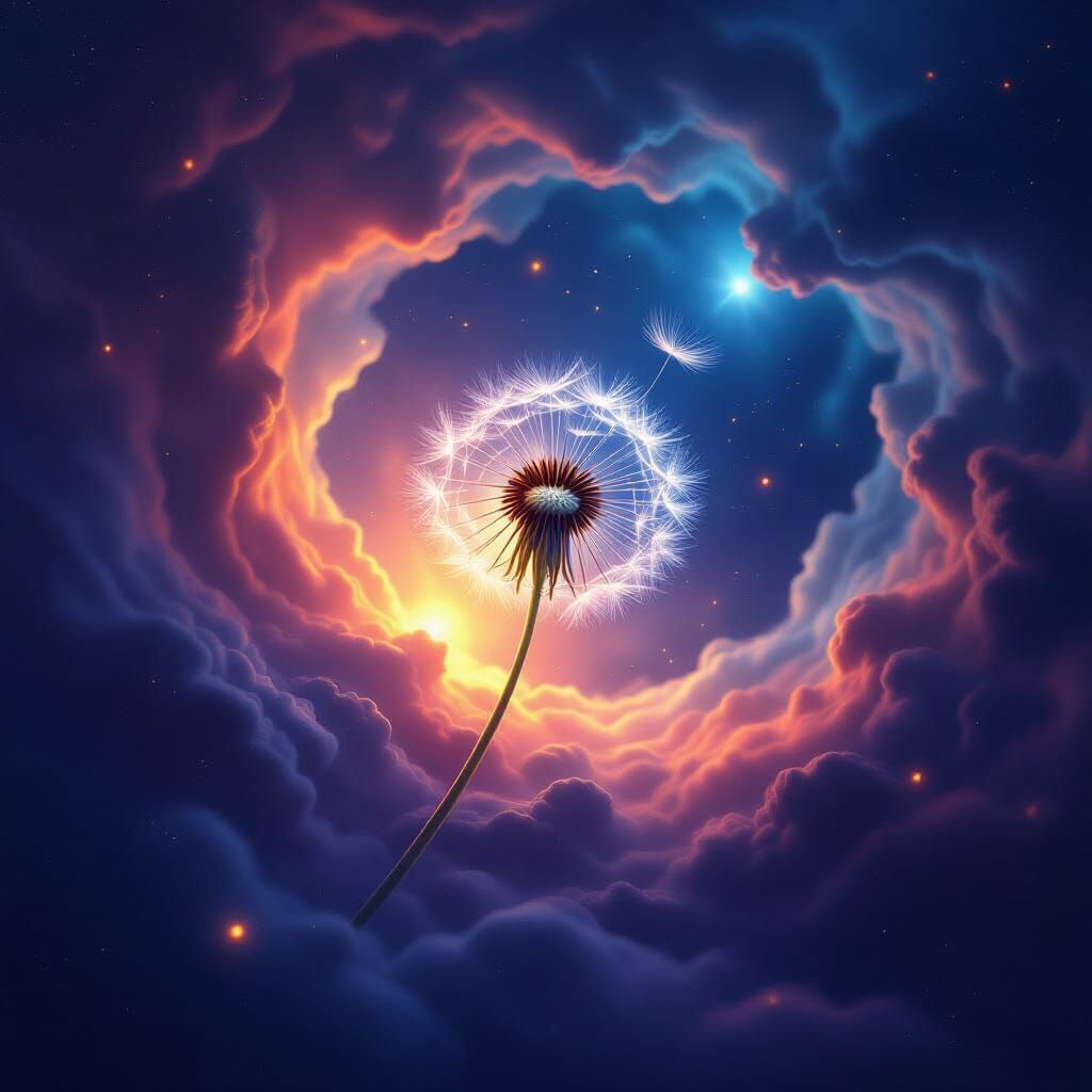Cosmic Dandelion Seed in Swirling Nebula
