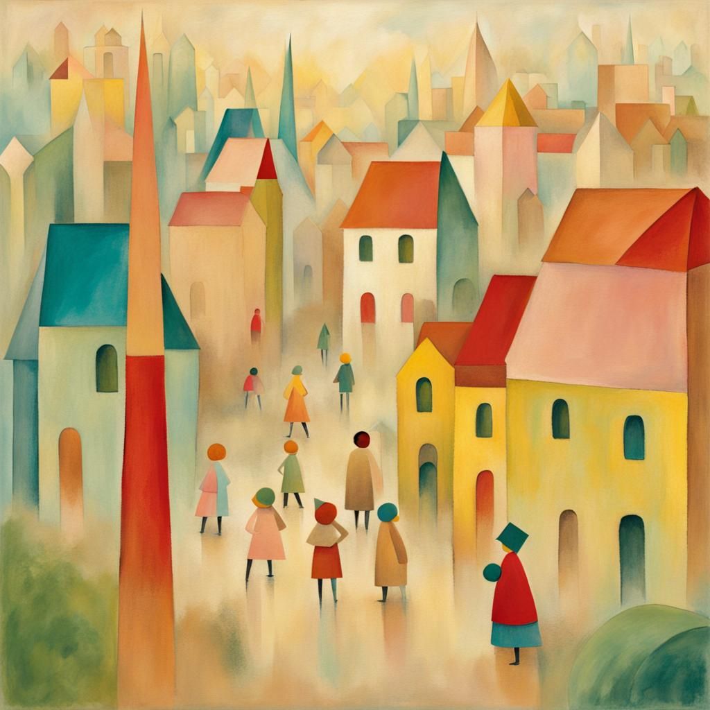 Misty Town Square Illustration in Geometric Fauvism Style