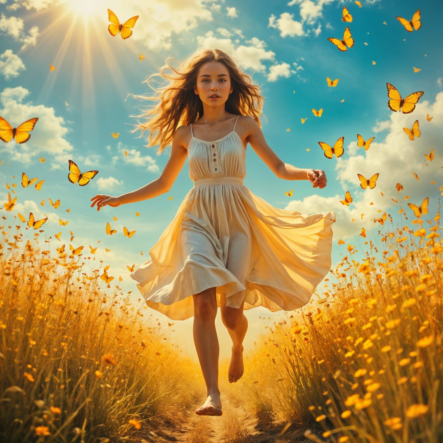 Hyperrealistic Young Girl Chasing Butterflies in Field