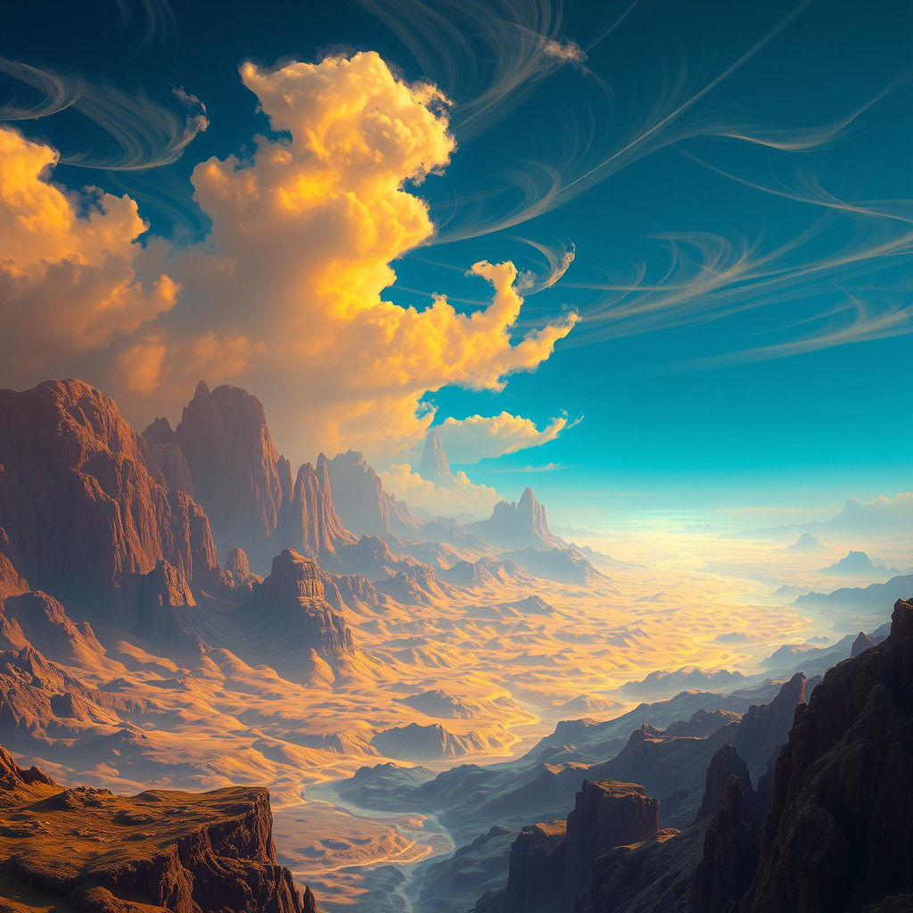 Golden Sea in Surreal Sci-Fi Landscape