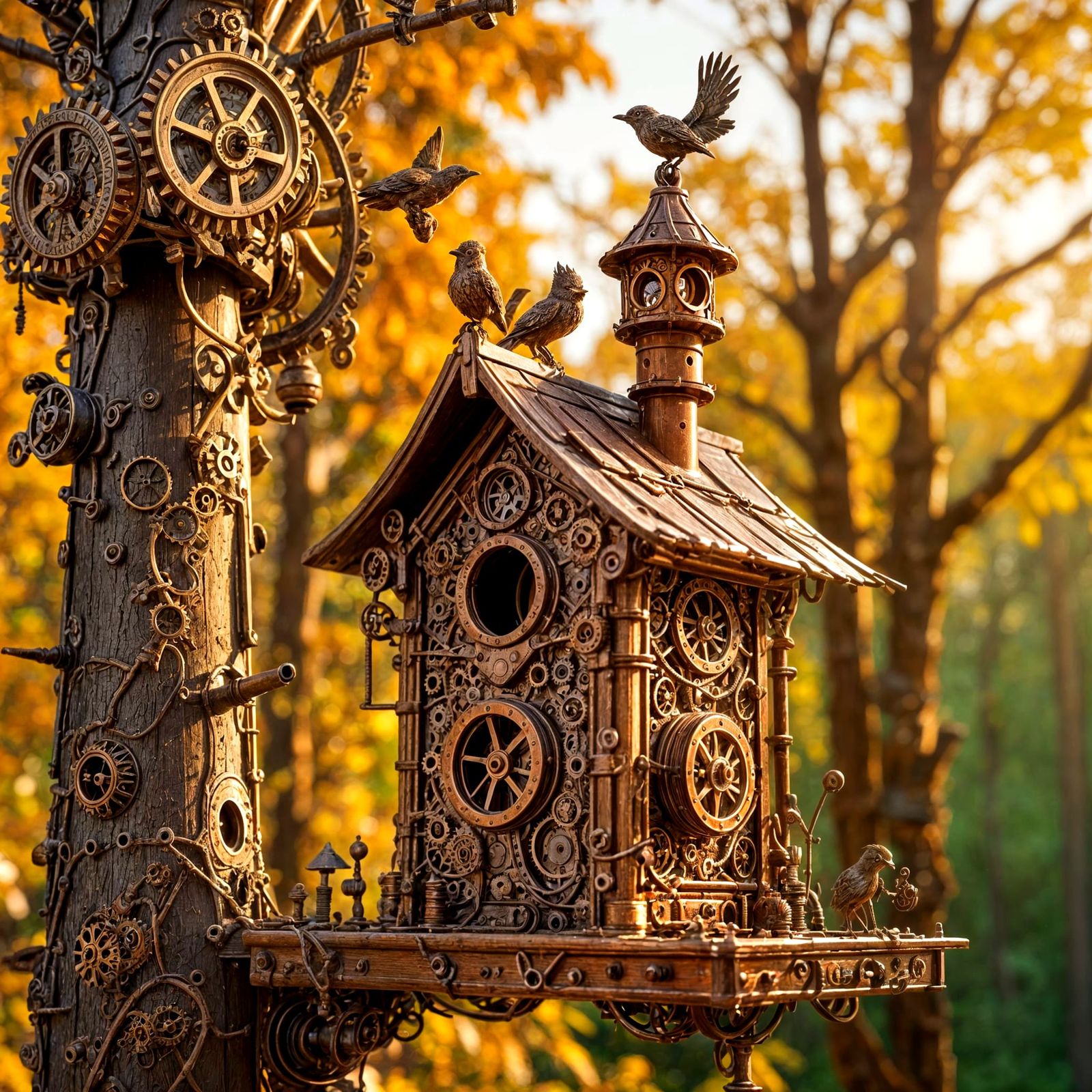 Intricate Steampunk Birdhouse in Enchanted Metal Forest