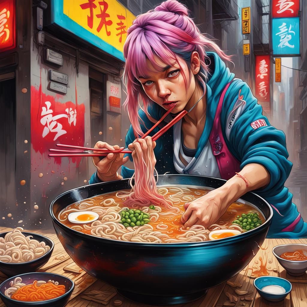 Ramen Graffiti Art in Polychromatic Splash Style