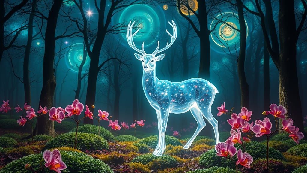 Ethereal Deer in Stained Glass Forest, Bio-Art