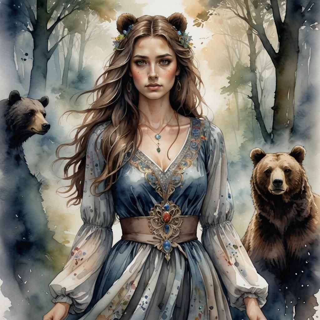 Watercolor Portrait of Bear-Themed Royal Woman