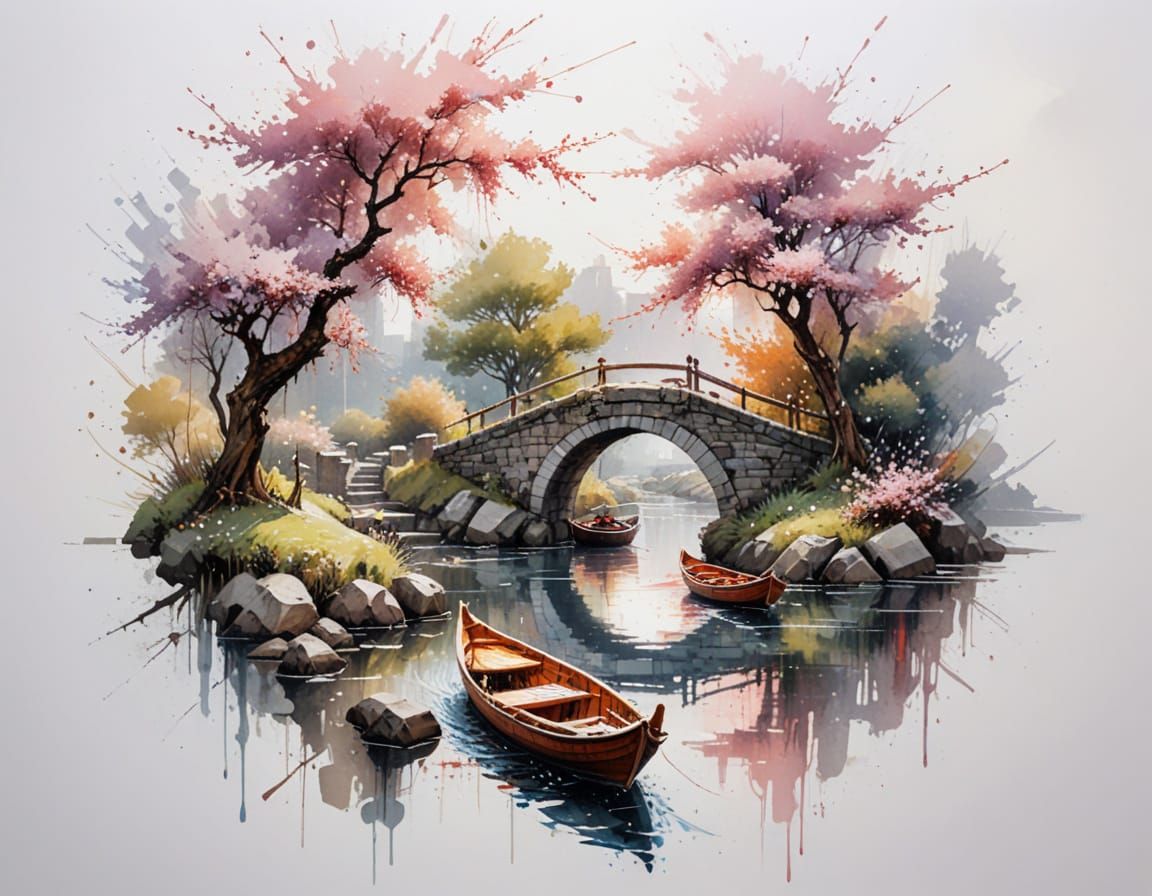 Ancient Bridge Over Cherry Blossom Canal