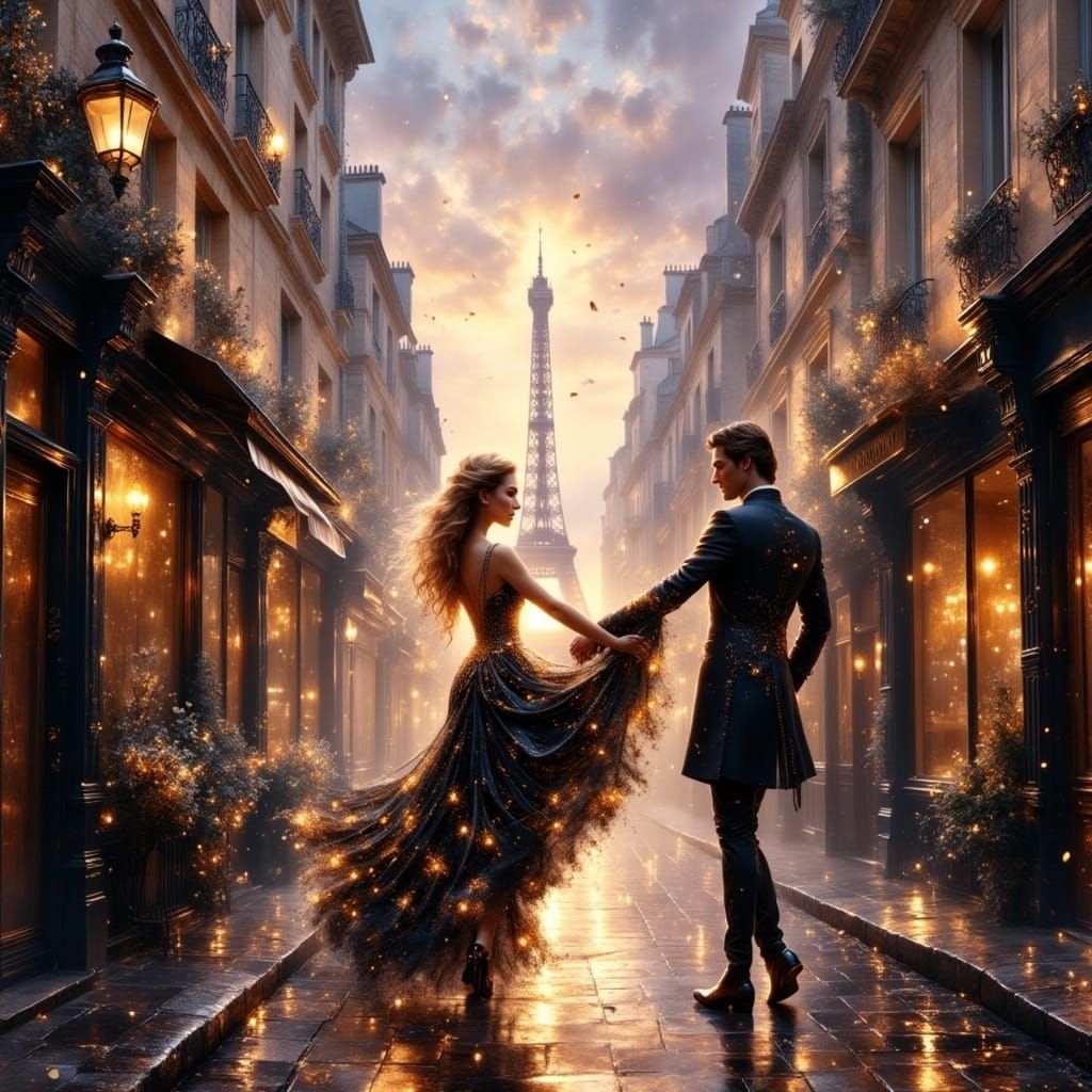 Parisian Dawn Dance: A Hyperrealistic Surreal Scene
