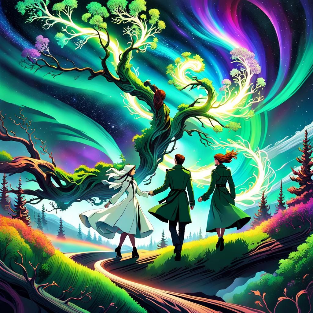 Cosmic Walk: Digital Art with Aurora Colors